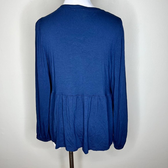 Wonderly Peasant Babydoll Top LARGE Jersey Knit Navy Blue Balloon Sleeve Peplum - Picture 6 of 6